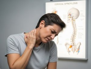 A person with short hair sits on a medical examination table, grimacing and holding the back of their neck with one hand. In the background, there is a lit medical diagram on the wall showing the cervical spine with a label for "Cervical Spondylosis."