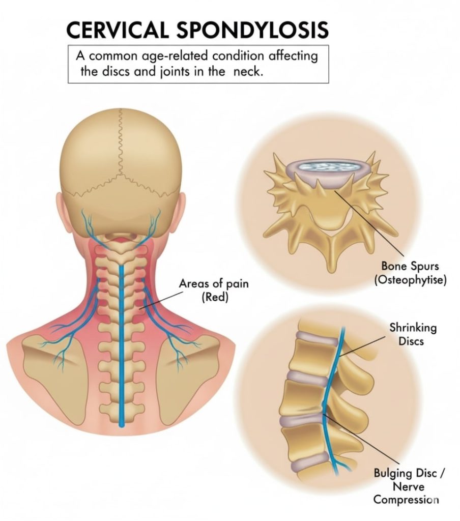 A simple line-art illustration of the cervical spine (neck) showing anatomical details of the vertebrae and discs. It visually represents the concept of cervical spondylosis.