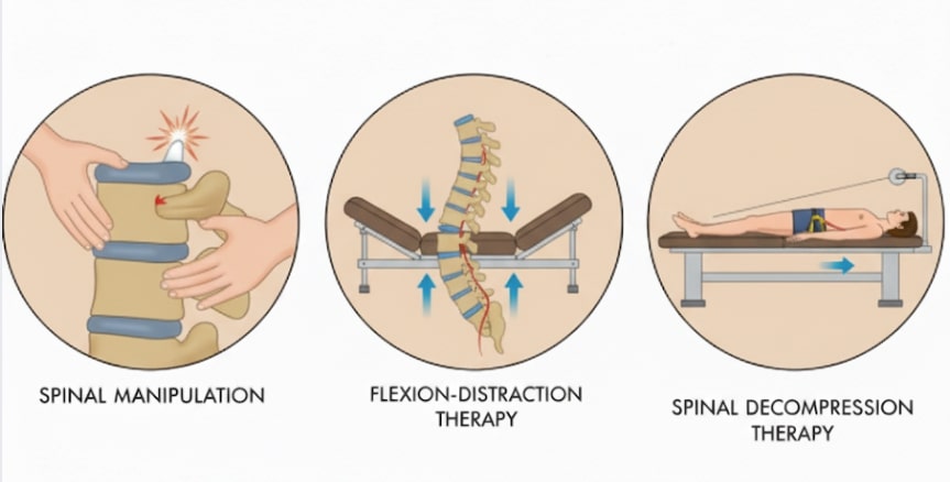 A simple line-art illustration of a chiropractor performing core treatments for disc degeneration on a patient, including spinal manipulation, flexion-distraction, and spinal decompression.