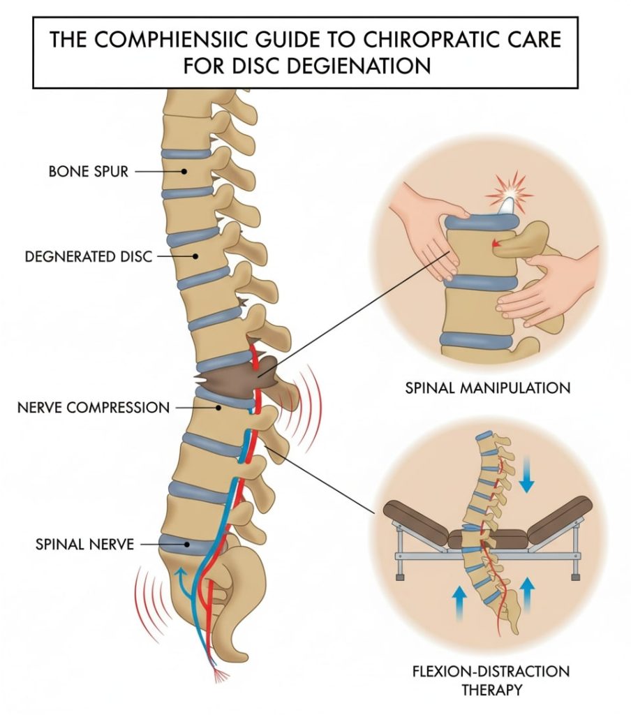 An educational diagram illustrating disc degeneration with bone spurs and nerve compression on one side, and two chiropractic treatment methods—spinal manipulation and flexion-distraction therapy—on the other.