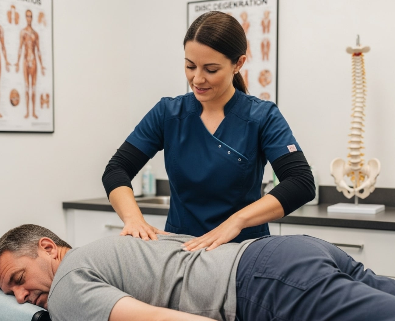 A female physical therapist wearing a blue scrub top and long-sleeved black shirt is massaging the lower back of a male patient who is lying face down on an examination table. In the background, there are anatomical charts and a model of a human spine.